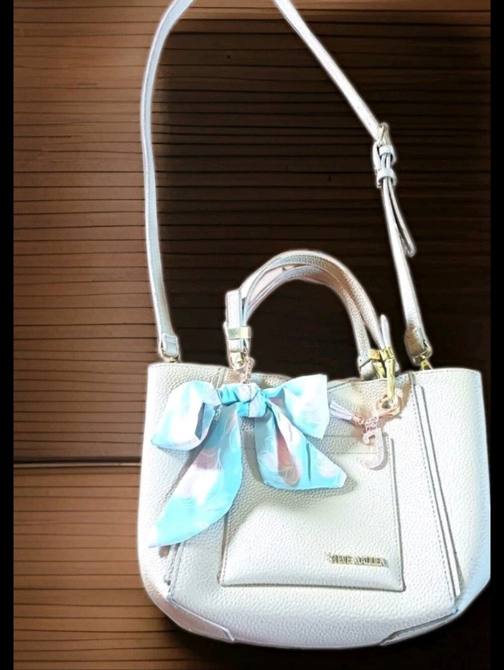 Steve Madden Cream Pebbled Satchel with Light Blue Scarf and Gold Hardware
